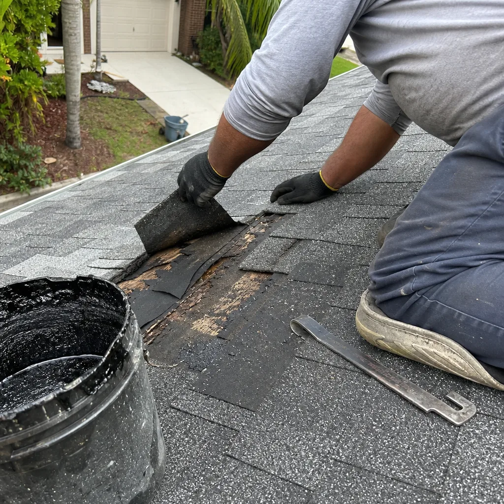 Professional roofer performing shingle roof repair with tools and sealant