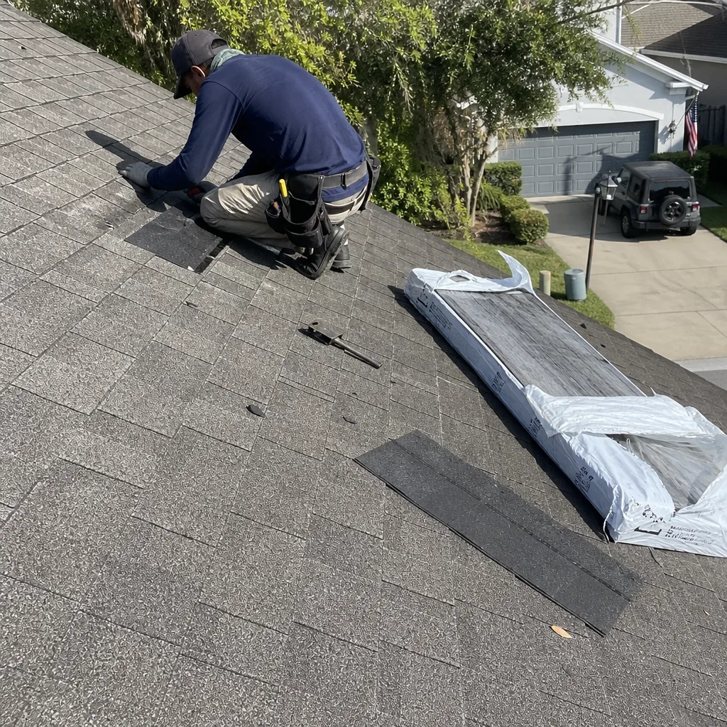 Professional roofer performing shingle roof repair on a residential house