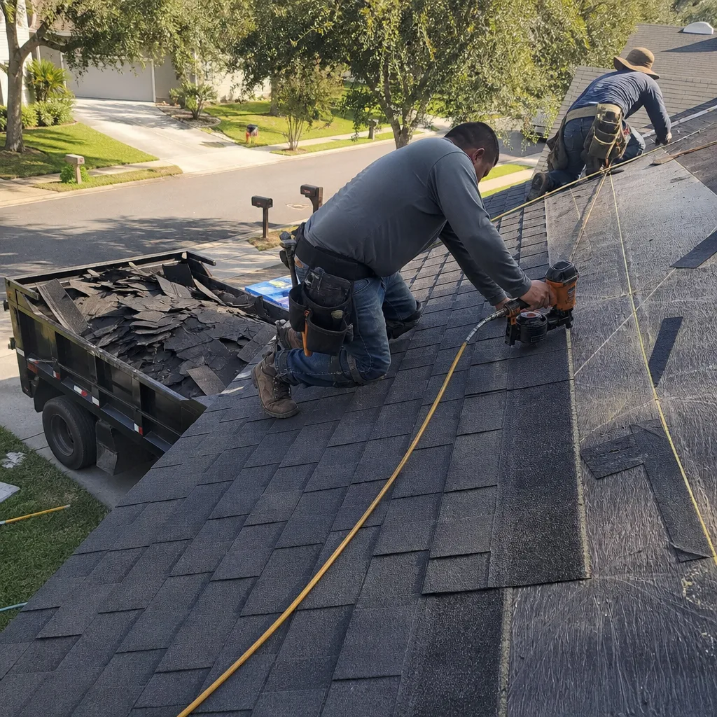 Two professional contractors performing a residential roof replacement project