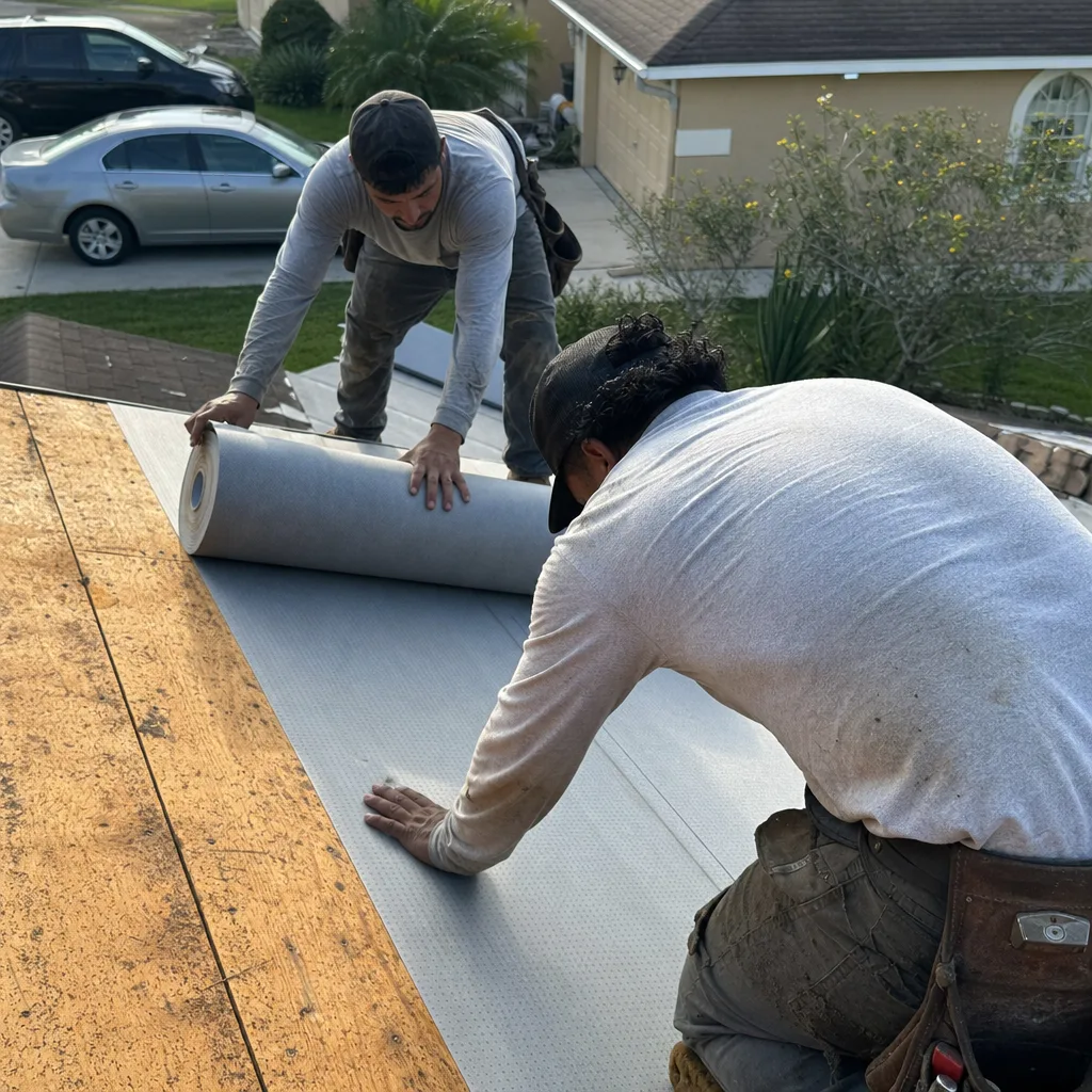 Two professional roofers installing synthetic underlayment during a roof replacement project.