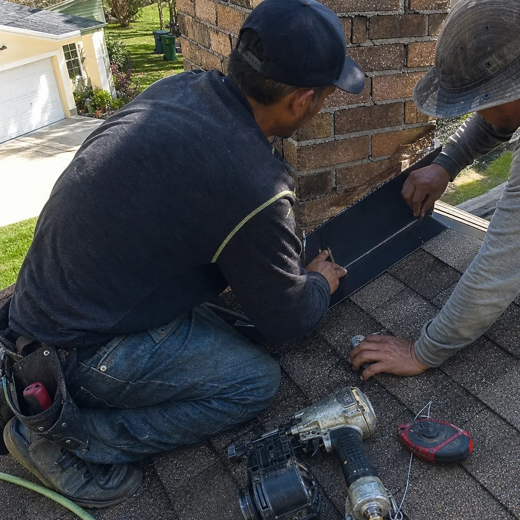 Two professional roofers installing metal flashing around a residential brick chimney